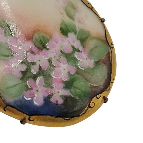 Antique Hand-Painted Porcelain Floral Brooch Victorian C-Clasp Pink Romantic Pin - Picture 11 of 13